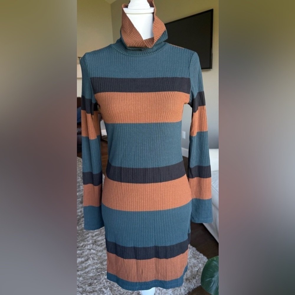 Sanctuary Striped Long Sleeve Dress, Brown, Teal and Black Size XS, NWT